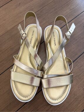 Marc Fisher Gold Metallic Cross-Strap Slingback Sandals